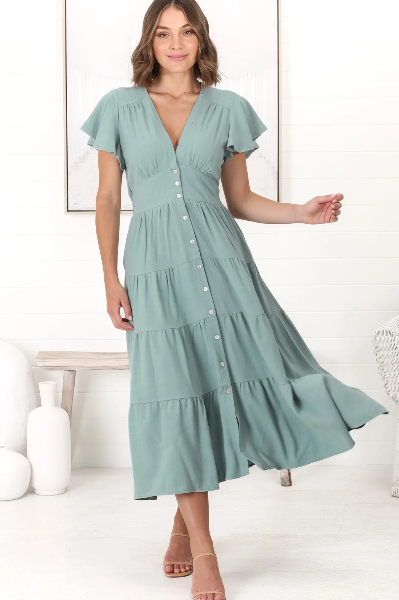 Amy Midi Dress - Flutter Cap Sleeve Buttoned Down V Neck Dress in Sage>Salty Crush Hot