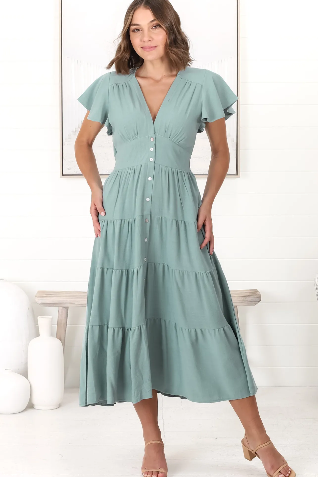 Amy Midi Dress - Flutter Cap Sleeve Buttoned Down V Neck Dress in Sage>Salty Crush Hot