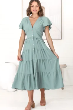 Amy Midi Dress - Flutter Cap Sleeve Buttoned Down V Neck Dress in Sage><noscript><img width=