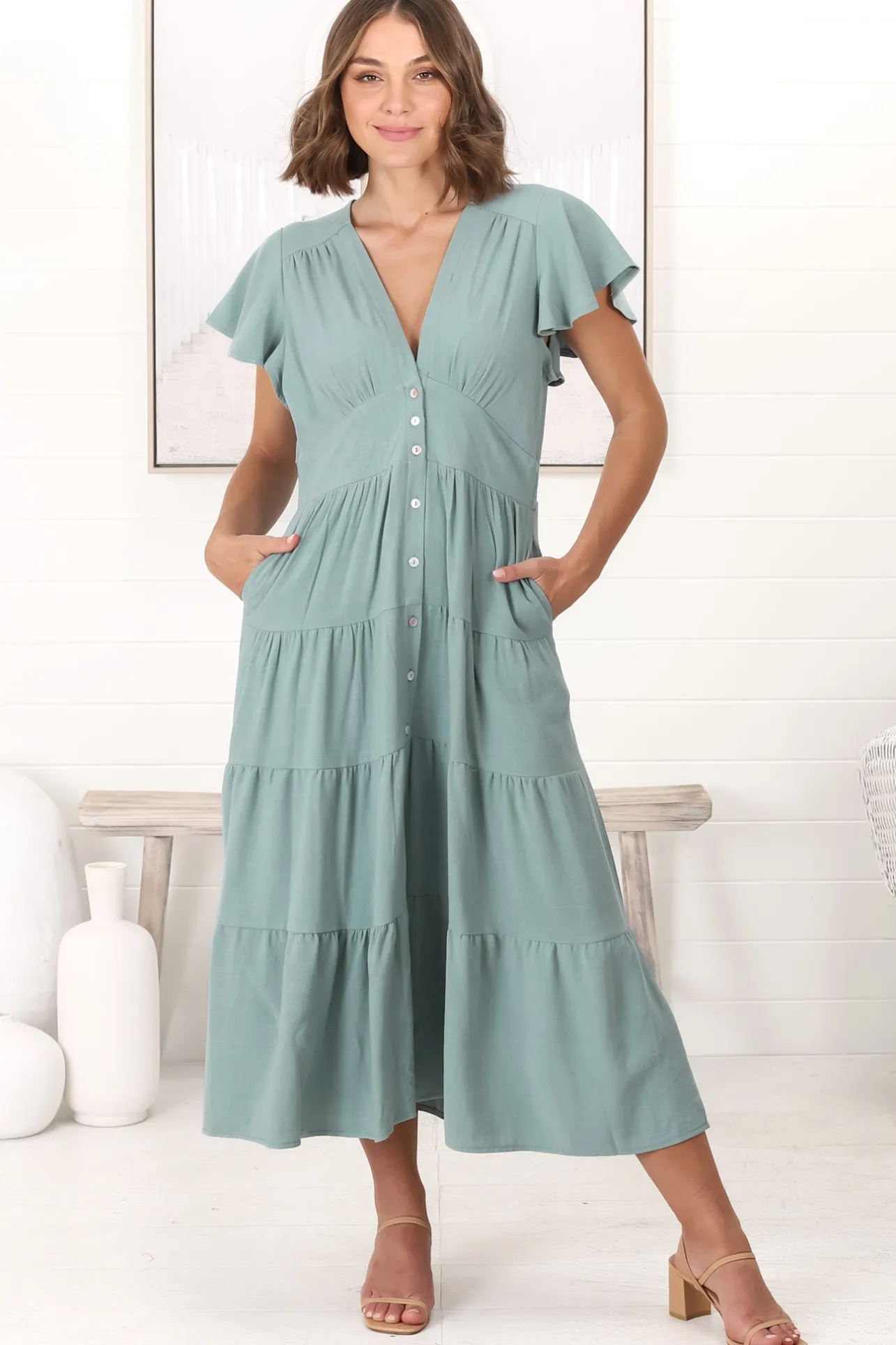 Amy Midi Dress - Flutter Cap Sleeve Buttoned Down V Neck Dress in Sage>Salty Crush Hot