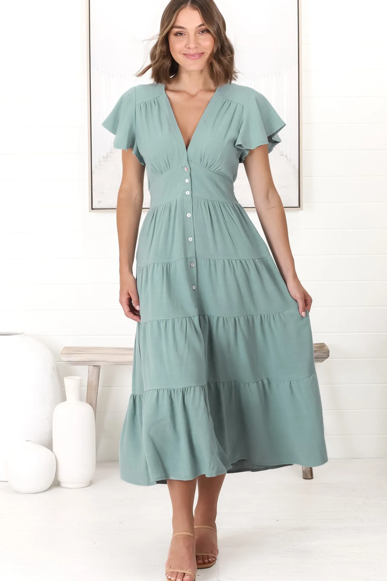 Amy Midi Dress - Flutter Cap Sleeve Buttoned Down V Neck Dress in Sage>Salty Crush Hot