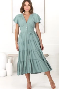 Amy Midi Dress - Flutter Cap Sleeve Buttoned Down V Neck Dress in Sage><noscript><img width=