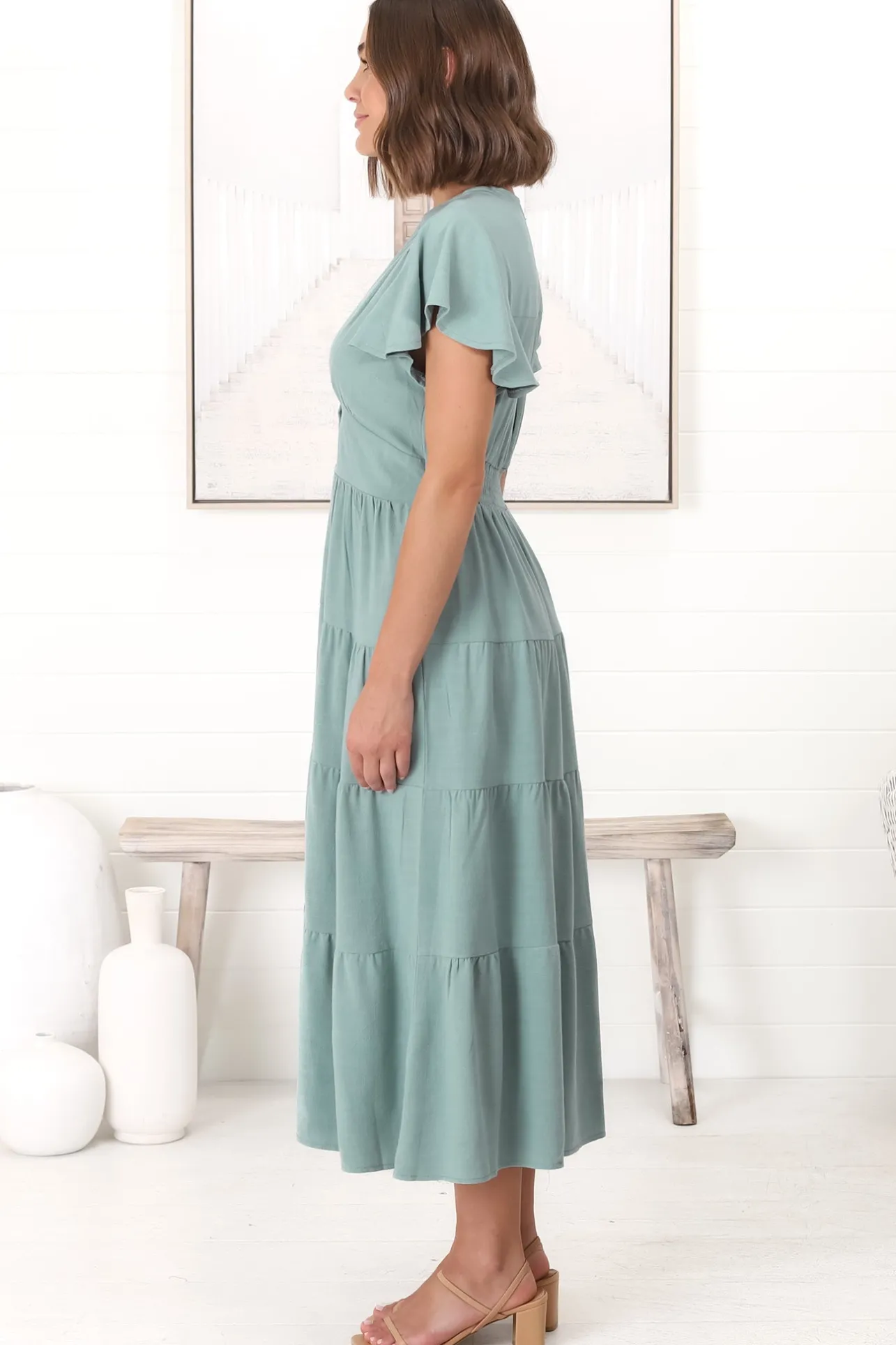 Amy Midi Dress - Flutter Cap Sleeve Buttoned Down V Neck Dress in Sage>Salty Crush Hot