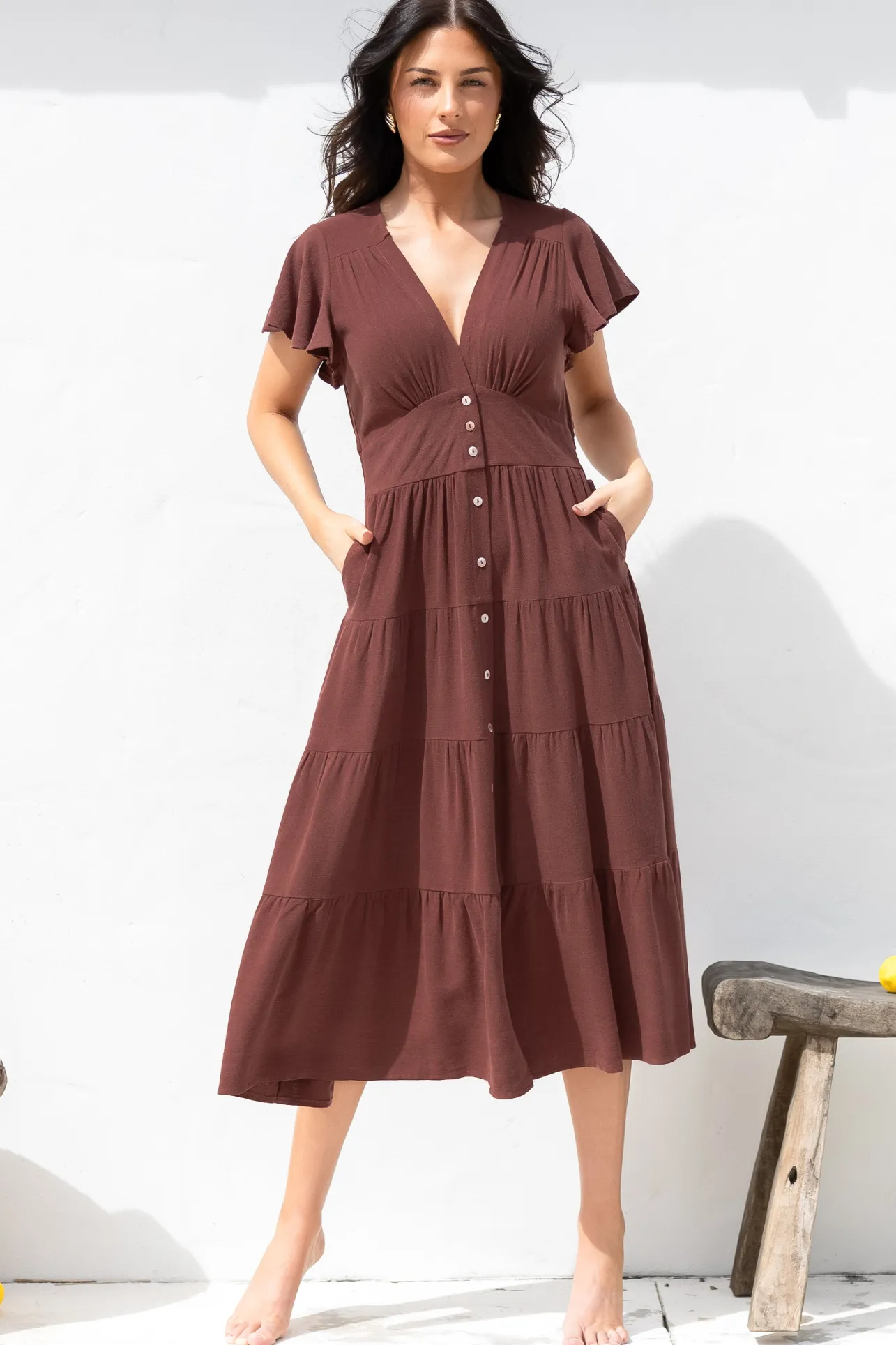 Amy Midi Dress - Flutter Cap Sleeve Buttoned Down V Neck Dress in Chocolate>Salty Crush Clearance