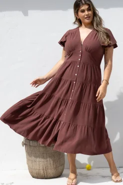 Amy Midi Dress - Flutter Cap Sleeve Buttoned Down V Neck Dress in Chocolate><noscript><img width=
