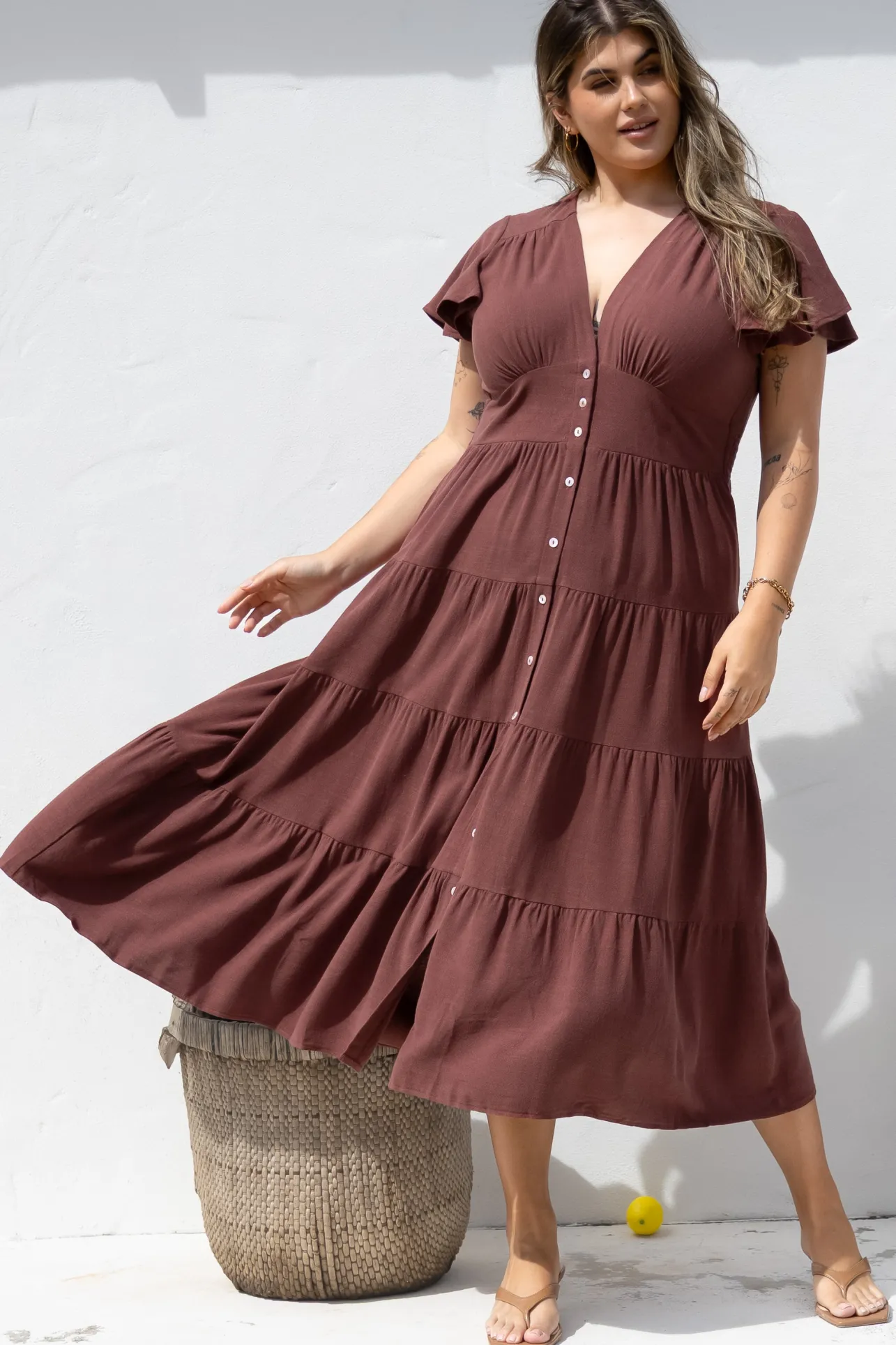Amy Midi Dress - Flutter Cap Sleeve Buttoned Down V Neck Dress in Chocolate>Salty Crush Clearance