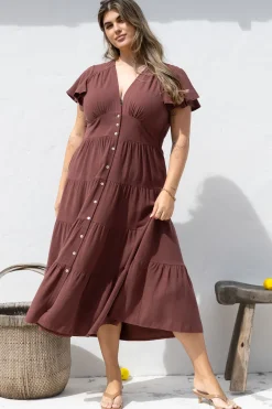 Amy Midi Dress - Flutter Cap Sleeve Buttoned Down V Neck Dress in Chocolate><noscript><img width=