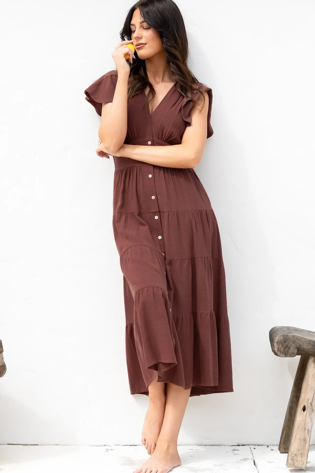 Amy Midi Dress - Flutter Cap Sleeve Buttoned Down V Neck Dress in Chocolate>Salty Crush Clearance