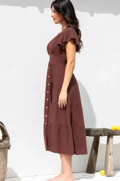 Amy Midi Dress - Flutter Cap Sleeve Buttoned Down V Neck Dress in Chocolate><noscript><img width=