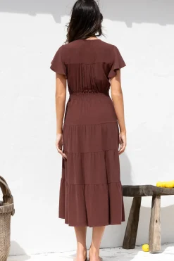 Amy Midi Dress - Flutter Cap Sleeve Buttoned Down V Neck Dress in Chocolate><noscript><img width=