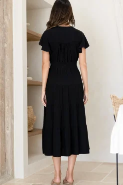 Amy Midi Dress - Flutter Cap Sleeve Buttoned Down V Neck Dress in Black><noscript><img width=
