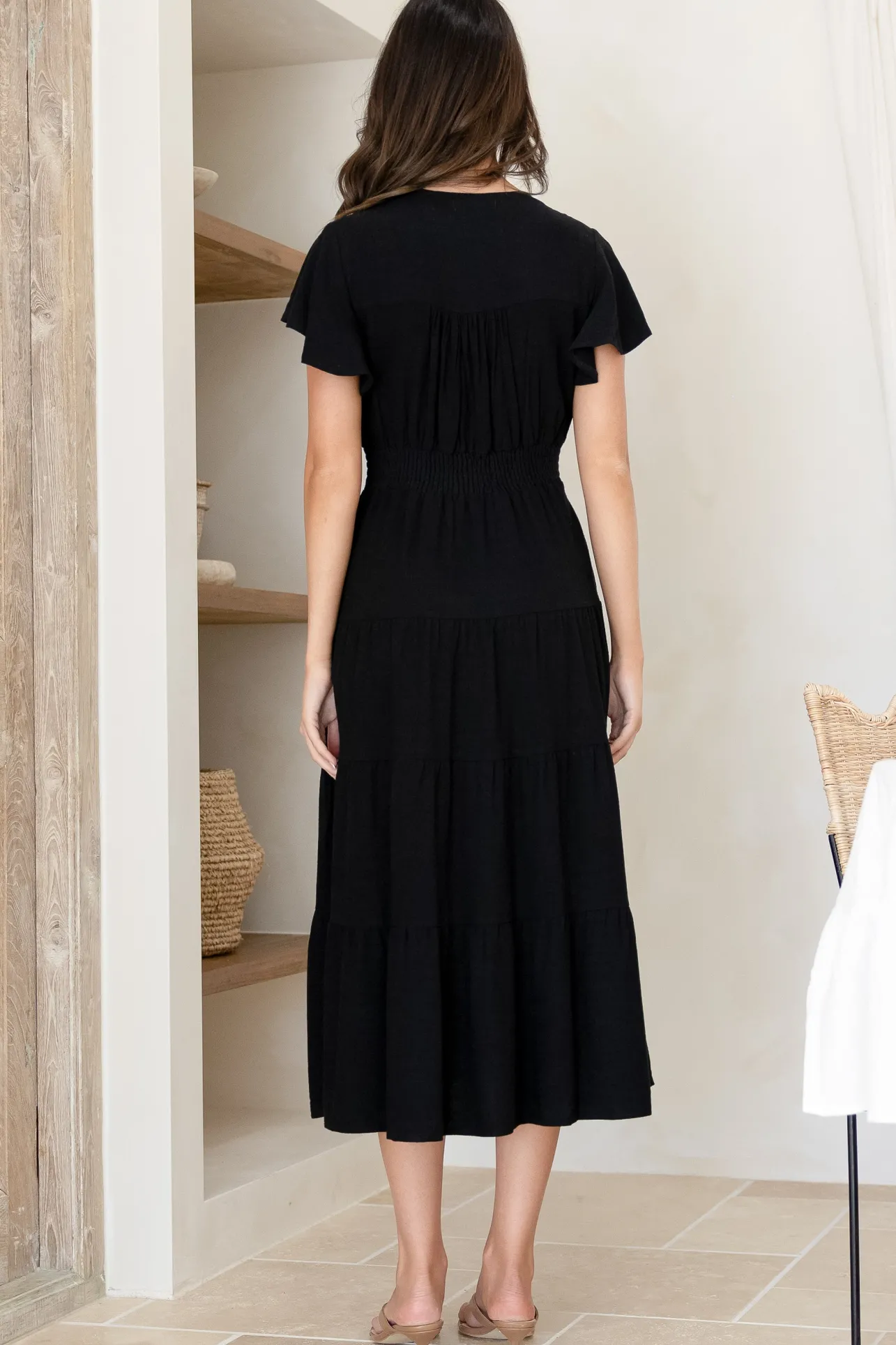 Amy Midi Dress - Flutter Cap Sleeve Buttoned Down V Neck Dress in Black>Salty Crush Best