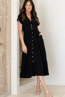 Amy Midi Dress - Flutter Cap Sleeve Buttoned Down V Neck Dress in Black><noscript><img width=