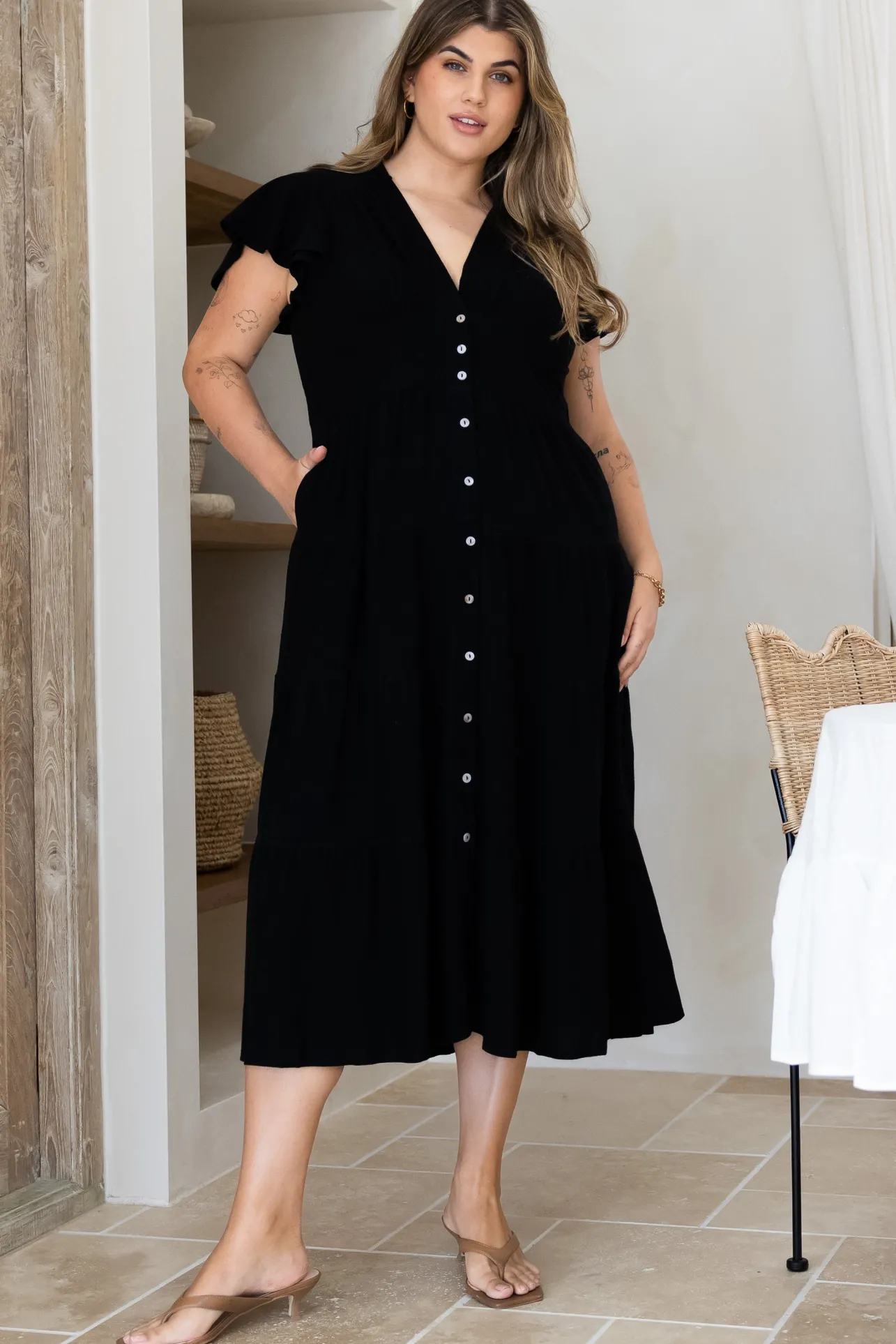 Amy Midi Dress - Flutter Cap Sleeve Buttoned Down V Neck Dress in Black>Salty Crush Best