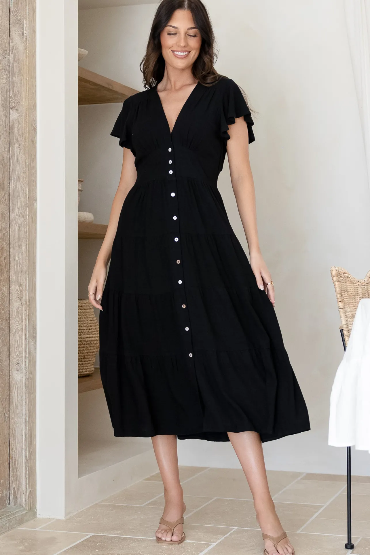 Amy Midi Dress - Flutter Cap Sleeve Buttoned Down V Neck Dress in Black>Salty Crush Best