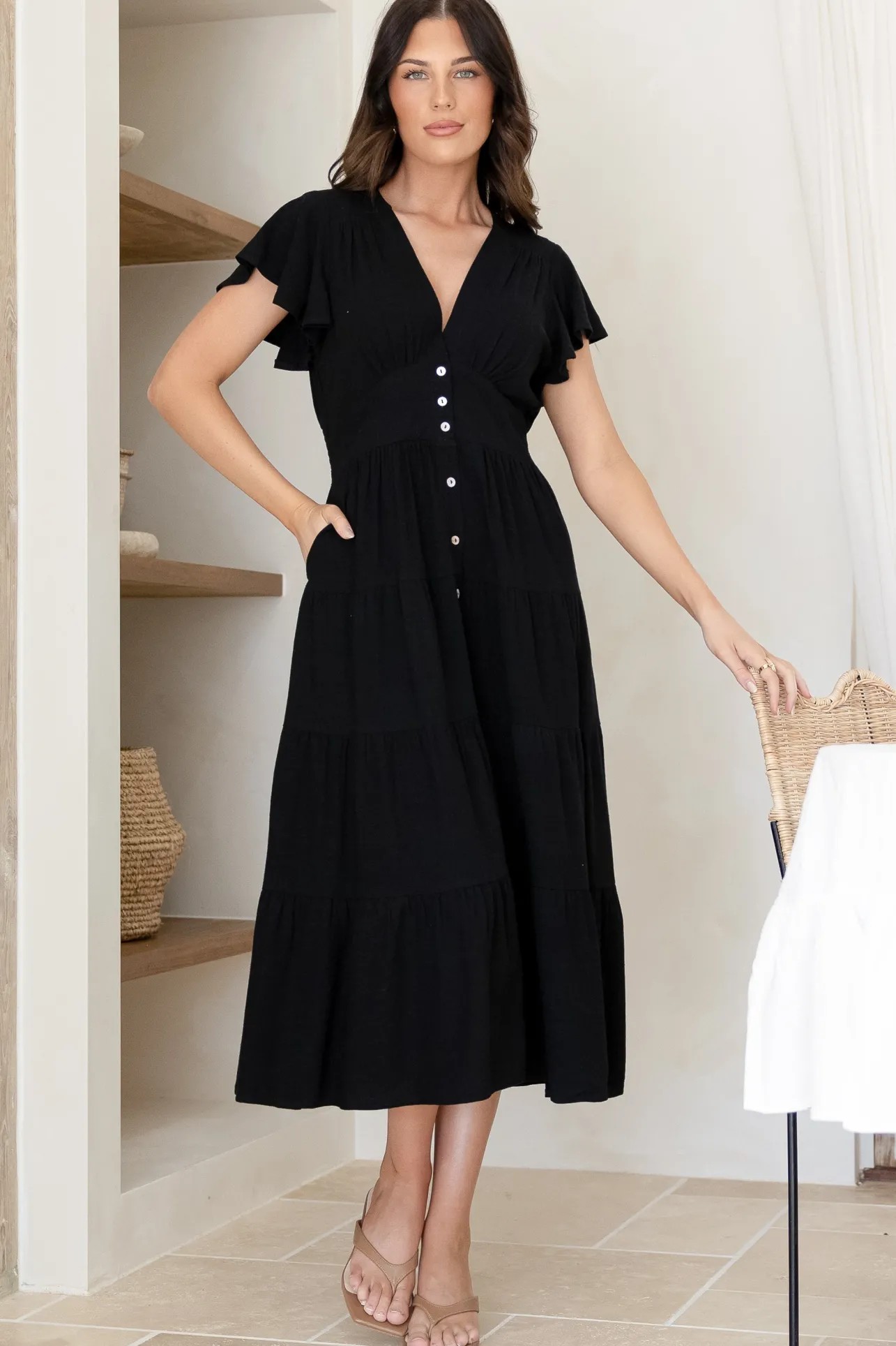 Amy Midi Dress - Flutter Cap Sleeve Buttoned Down V Neck Dress in Black>Salty Crush Best