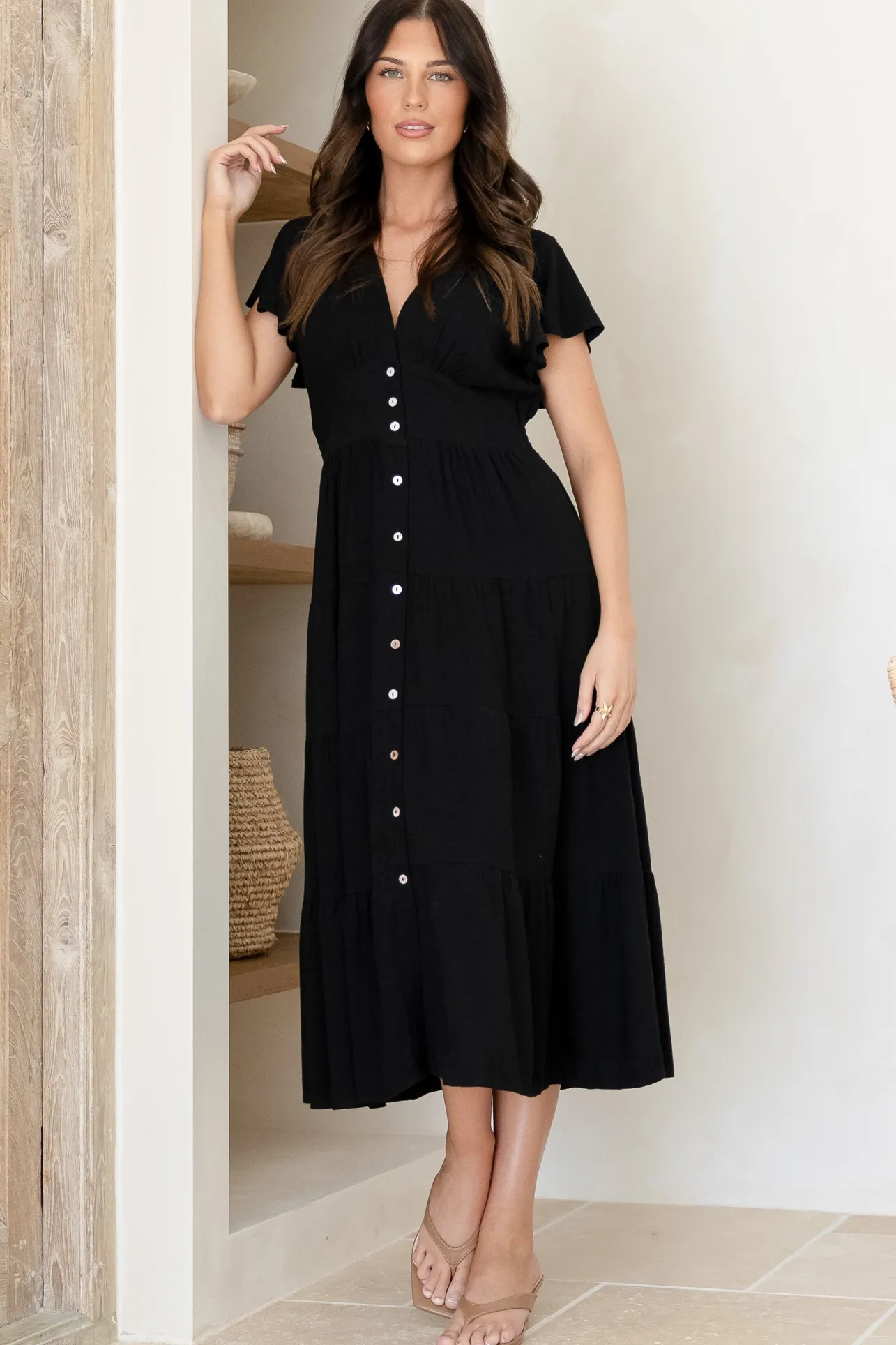 Amy Midi Dress - Flutter Cap Sleeve Buttoned Down V Neck Dress in Black>Salty Crush Best