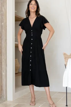 Amy Midi Dress - Flutter Cap Sleeve Buttoned Down V Neck Dress in Black><noscript><img width=