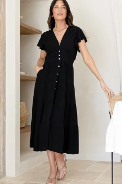 Amy Midi Dress - Flutter Cap Sleeve Buttoned Down V Neck Dress in Black><noscript><img width=