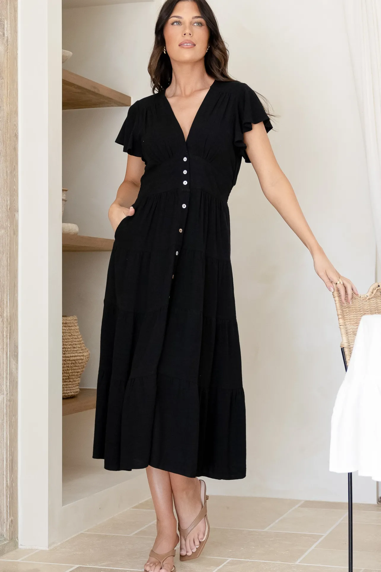 Amy Midi Dress - Flutter Cap Sleeve Buttoned Down V Neck Dress in Black>Salty Crush Best