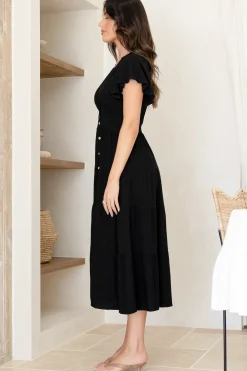 Amy Midi Dress - Flutter Cap Sleeve Buttoned Down V Neck Dress in Black><noscript><img width=