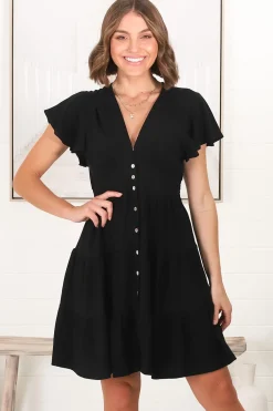 Amy Mini Dress - Frill Cap Sleeve Button Down V Neck Dress in Black>Salty Crush Best