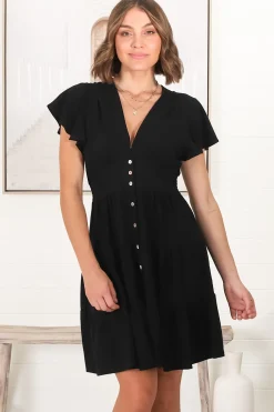 Amy Mini Dress - Frill Cap Sleeve Button Down V Neck Dress in Black>Salty Crush Best