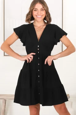 Amy Mini Dress - Frill Cap Sleeve Button Down V Neck Dress in Black><noscript><img width=