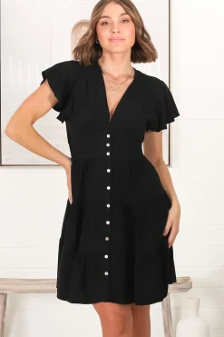 Amy Mini Dress - Frill Cap Sleeve Button Down V Neck Dress in Black><noscript><img width=