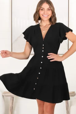 Amy Mini Dress - Frill Cap Sleeve Button Down V Neck Dress in Black><noscript><img width=