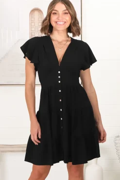 Amy Mini Dress - Frill Cap Sleeve Button Down V Neck Dress in Black><noscript><img width=