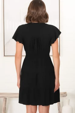 Amy Mini Dress - Frill Cap Sleeve Button Down V Neck Dress in Black><noscript><img width=