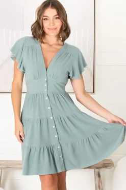 Amy Mini Dress - Frill Cap Sleeve Button Down V Neck Dress in Sage>Salty Crush Hot