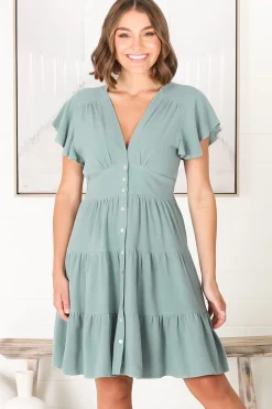 Amy Mini Dress - Frill Cap Sleeve Button Down V Neck Dress in Sage>Salty Crush Hot