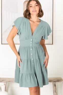 Amy Mini Dress - Frill Cap Sleeve Button Down V Neck Dress in Sage><noscript><img width=