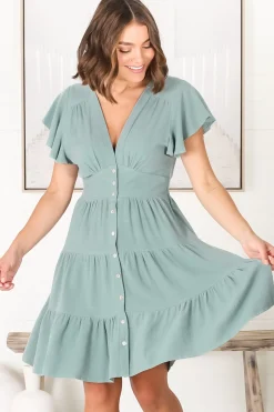 Amy Mini Dress - Frill Cap Sleeve Button Down V Neck Dress in Sage><noscript><img width=