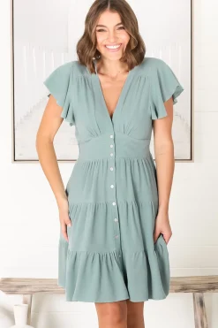 Amy Mini Dress - Frill Cap Sleeve Button Down V Neck Dress in Sage><noscript><img width=
