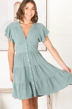 Amy Mini Dress - Frill Cap Sleeve Button Down V Neck Dress in Sage><noscript><img width=