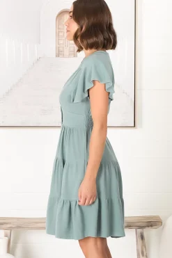 Amy Mini Dress - Frill Cap Sleeve Button Down V Neck Dress in Sage><noscript><img width=