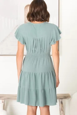 Amy Mini Dress - Frill Cap Sleeve Button Down V Neck Dress in Sage><noscript><img width=