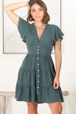 Amy Mini Dress - Frill Cap Sleeve Button Down V Neck Dress in Emerald>Salty Crush Hot