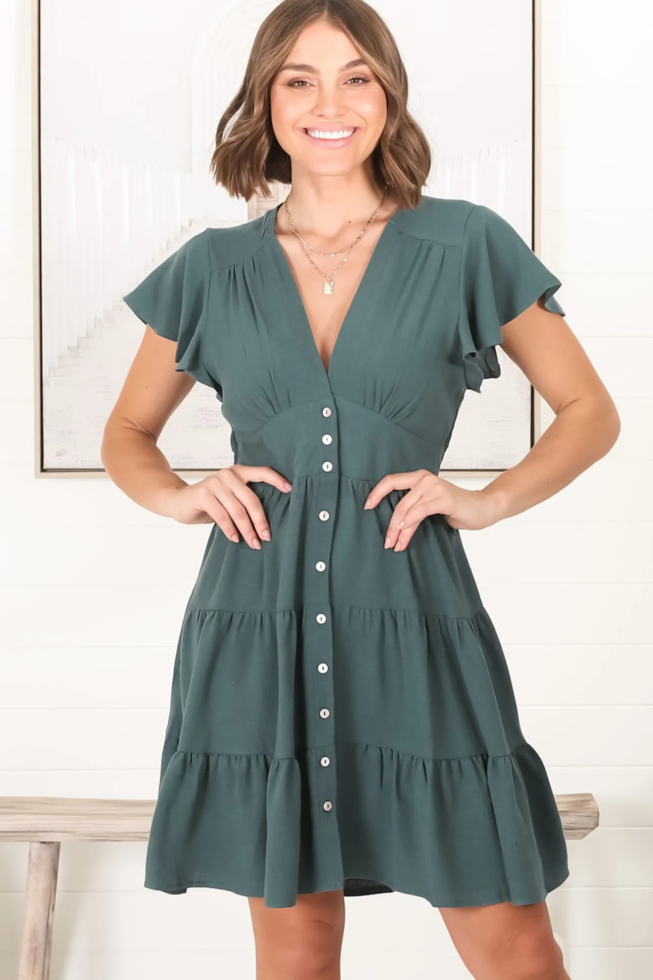 Amy Mini Dress - Frill Cap Sleeve Button Down V Neck Dress in Emerald>Salty Crush Hot