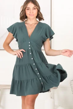 Amy Mini Dress - Frill Cap Sleeve Button Down V Neck Dress in Emerald><noscript><img width=