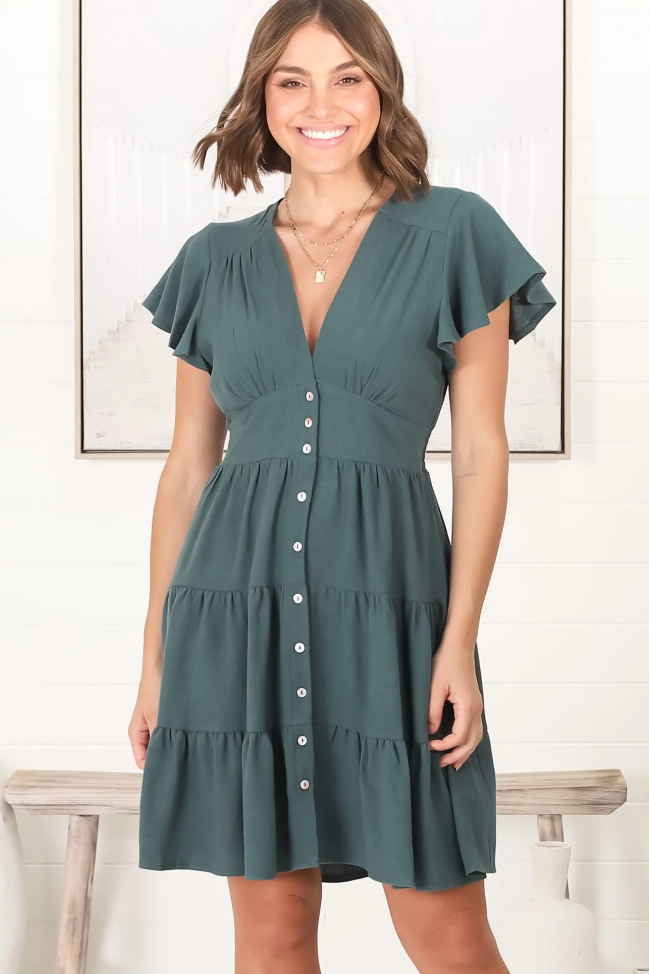 Amy Mini Dress - Frill Cap Sleeve Button Down V Neck Dress in Emerald>Salty Crush Hot