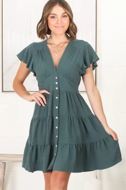 Amy Mini Dress - Frill Cap Sleeve Button Down V Neck Dress in Emerald><noscript><img width=