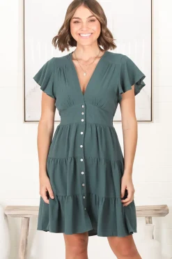 Amy Mini Dress - Frill Cap Sleeve Button Down V Neck Dress in Emerald><noscript><img width=