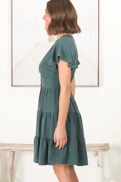 Amy Mini Dress - Frill Cap Sleeve Button Down V Neck Dress in Emerald><noscript><img width=