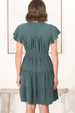 Amy Mini Dress - Frill Cap Sleeve Button Down V Neck Dress in Emerald><noscript><img width=