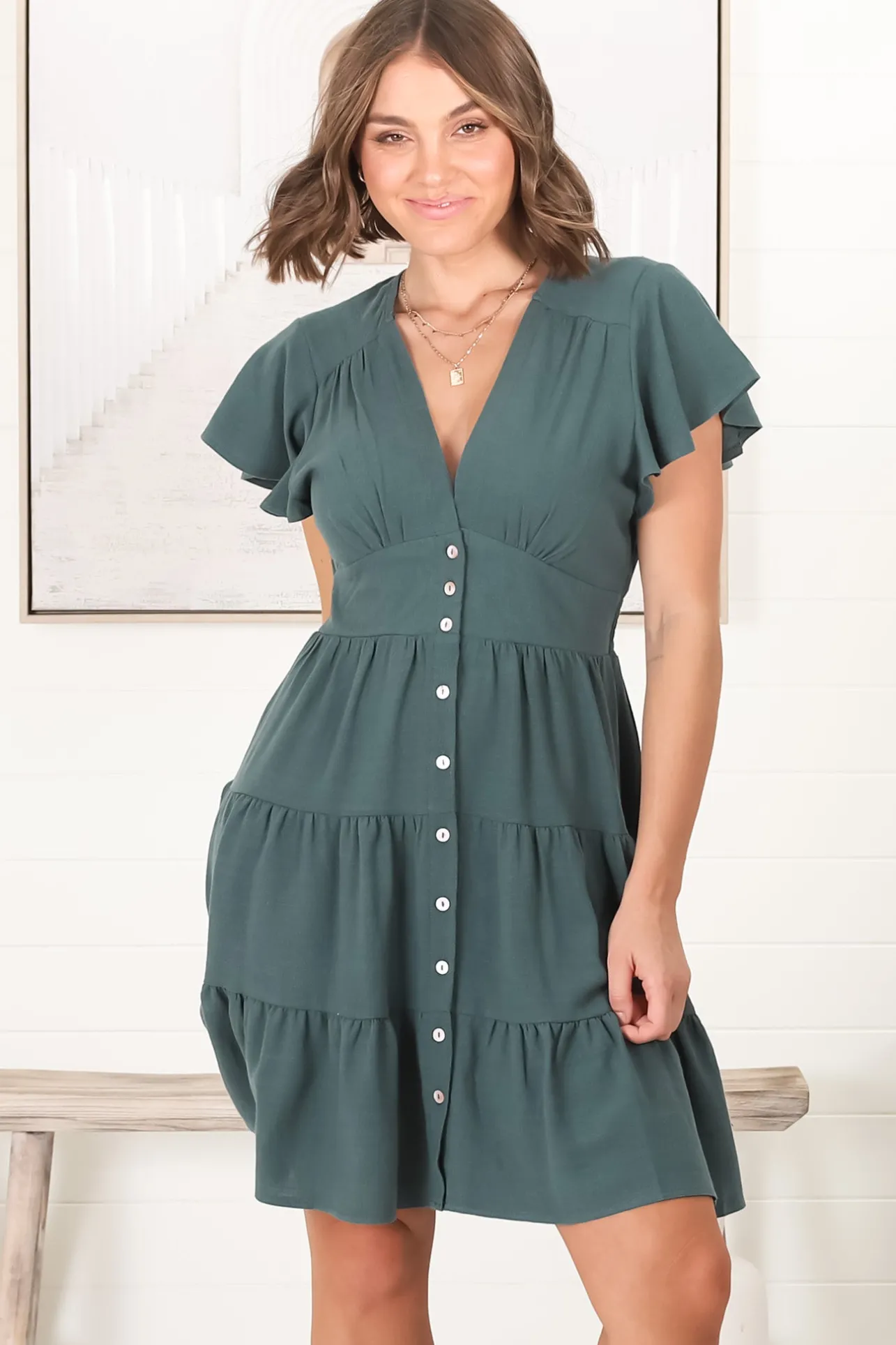 Amy Mini Dress - Frill Cap Sleeve Button Down V Neck Dress in Emerald>Salty Crush Hot