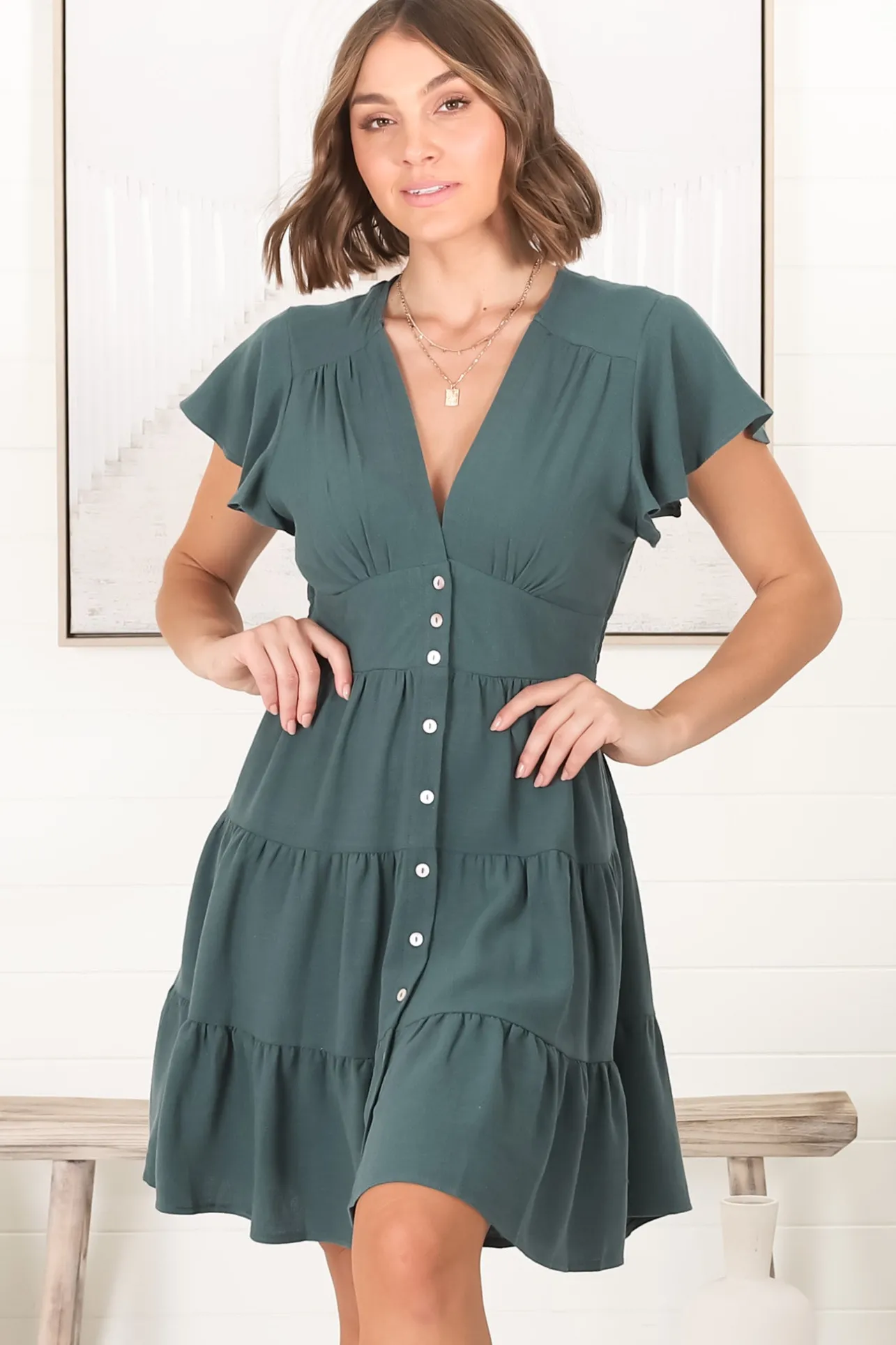 Amy Mini Dress - Frill Cap Sleeve Button Down V Neck Dress in Emerald>Salty Crush Hot